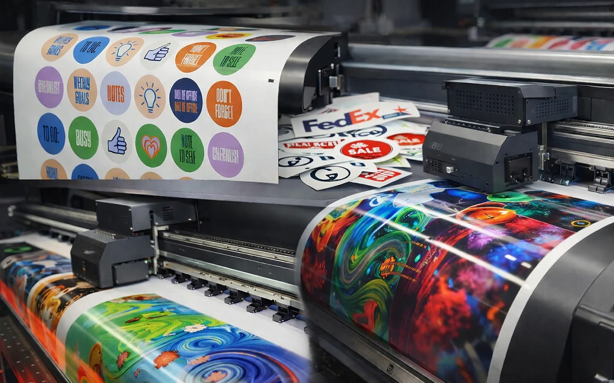 Stampa digitale a grande formato su vinile con plotter professionale per adesivi e grafiche a colori.