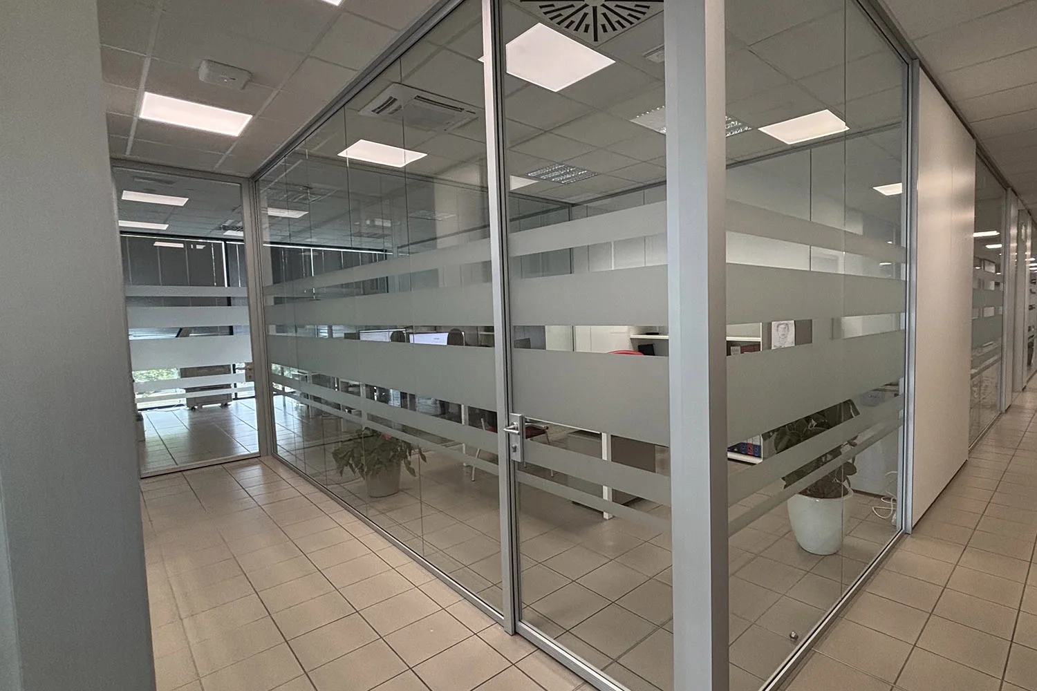 Corridoio di ufficio con pareti divisorie in vetro satinato a fasce orizzontali, pavimento in piastrelle beige, piante decorative e illuminazione a pannelli a soffitto.