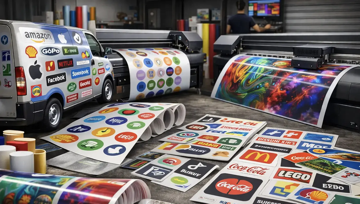 Immagine illustrativa di un laboratorio di stampa digitale con plotter di grandi dimensioni, rotoli di pellicola colorata, fogli di adesivi con loghi e un furgone rivestito con grafiche promozionali.